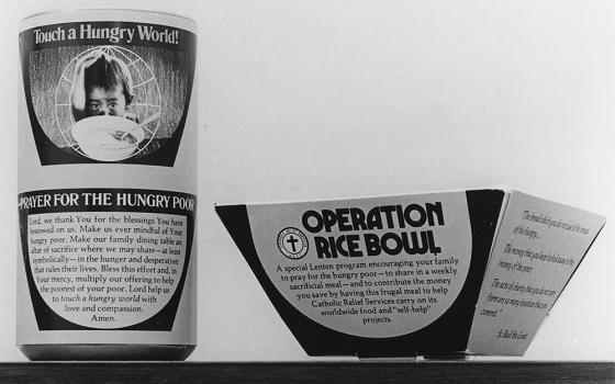 With the 7.2 million supply of cardboard rice bowls depleted, Catholic Relief Services rushed production of 500,000 can wrappers (left) to supplement collections for the Operation Rice Bowl campaign of Lent 1977. (CNS)