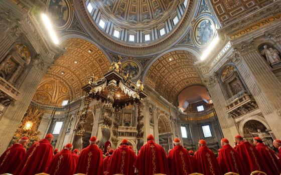 Cardinals gather to celebrate Mass with Argentine Cardinal Leonardo Sandri, subdean of the College of Cardinals, on the fifth day of the “novendiali,” nine days of mourning for Pope Francis, at the Altar of the Confession in St. Peter’s Basilica at the Vatican April 30, 2025. (CNS/Lola Gomez)