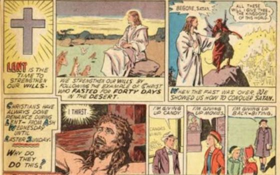 The comic book "Treasure Chest of Fun & Fact," published 1946-1972, focused on Catholic doctrine and American patriotism. Above are two panels from "God's Gift is Lent," in the first issue, dated March 12, 1946. (Courtesy of Catholic University of America