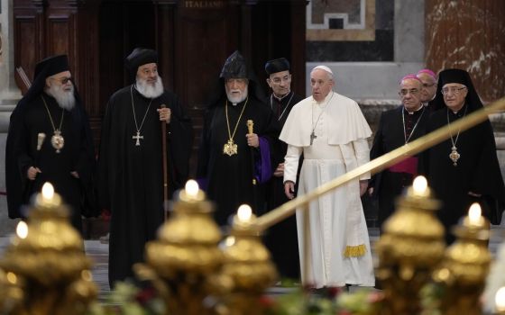 The patriarch of the Syriac Orthodox Church, Moran Mor Ignatius Aphrem II, second from left; the head of the Catholicosate of the Great House of Cilicia of the Armenian Apostolic Church, Aram I, third from left; Cardinal Bechara Boutros al-Rahi, fourth fr