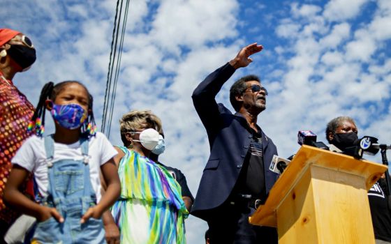 Flint City Councilman Eric Mays speaks during a press conference Aug. 21 outside of Christ Fellowship Missionary Baptist Church in Flint, Michigan. (AP/The Flint Journal/Jake May)