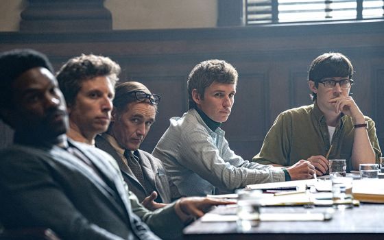 From left to right: Yahya Abdul-Mateen II as Bobby Seale, Ben Shenkman as Leonard Weinglass, Mark Rylance as William Kuntsler, Eddie Redmayne as Tom Hayden, and Alex Sharp as Rennie Davis in "The Trial of the Chicago 7." (Netflix/Nico Tavernise)