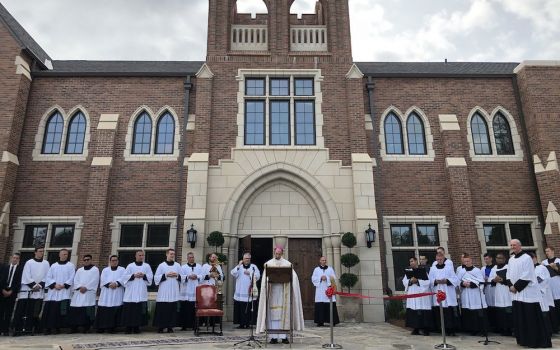 Bishop Peter Jugis of Charlotte, North Carolina, prays during the formal opening and blessing of St. Joseph College Seminary near Mount Holly, North Carolina, Sept. 15, 2020. (CNS/Catholic News Herald/SueAnn Howell)