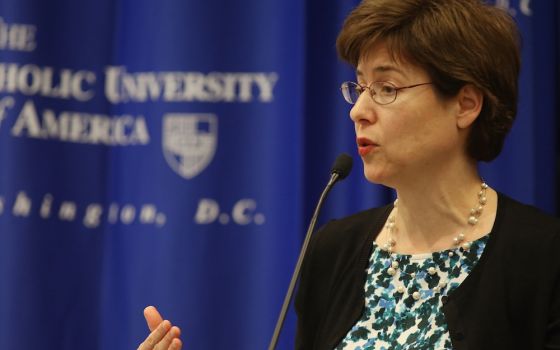 Melissa Rogers speaks during a forum on ending extreme poverty around the world at The Catholic University of America in Washington April 28, 2015, as head of the White House Office of Faith-based and Neighborhood Partnerships. (CNS/Bob Roller)