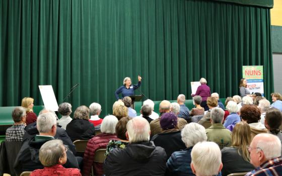 Social Service Sr. Simone Campbell speaks at the Oct. 19, 2019, Nuns on the Bus town hall in East Lansing, Michigan. (Network/Colleen Ross)