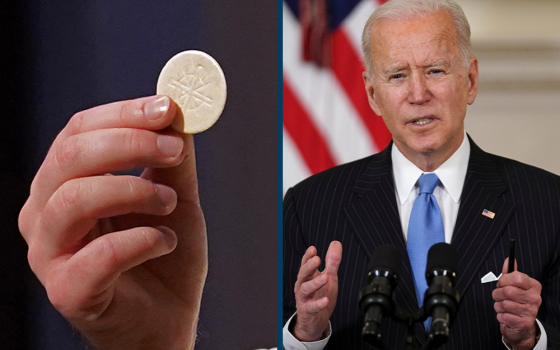 From left: A priest gives the Eucharist in a 2020 file photo; President Joe Biden speaks at the White House March 2 in Washington. (CNS photos/Gregory A. Shemitz; Kevin Lamarque, Reuters)