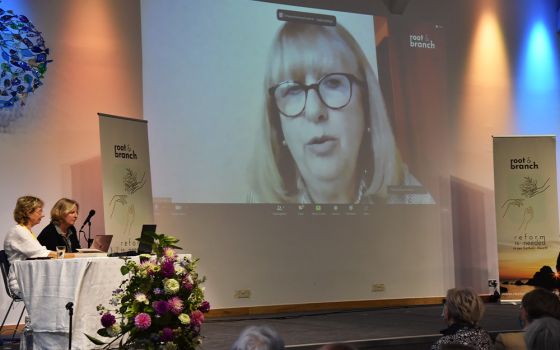 Former Irish President Mary McAleese speaks to the Root and Branch Synod Sept. 10. (Courtesy of Root and Branch Synod/Brek Taylor)