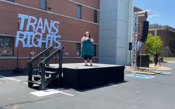 Meli Barber, vice president of DignityUSA, opens the July 11 Rally for Equality Caravan in Indianapolis. (Screenshot from Facebook/Shelly's Voice)