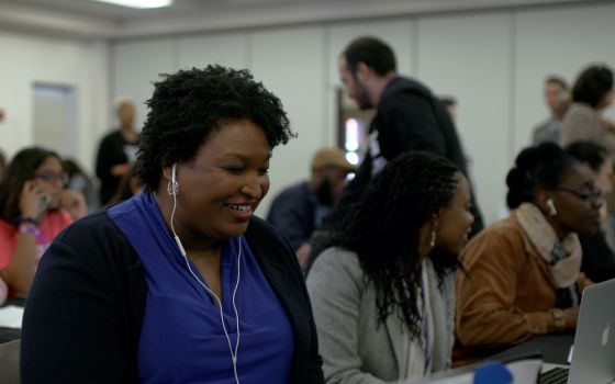 Stacey Abrams works a phone bank in "All In: The Fight for Democracy." (Amazon Studios)