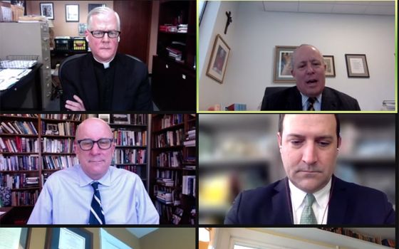 Clockwise from top left: Fr. Gerald Murray, Patrick Brennan, Stephen White, Helen Alvaré, Joe Capizzi and John McGreevy discuss President Joe Biden's Catholicism during "Taking Measure of the 'Biden Effect': American Catholics and the President"