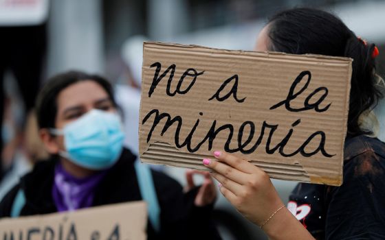 Environmental activists demonstrate in front of the Ministry of Commerce and Industries of Panama in Panama City May 25, protesting a government plan to expand mining. (Newscom/EFE/Bienvenido Velasco)