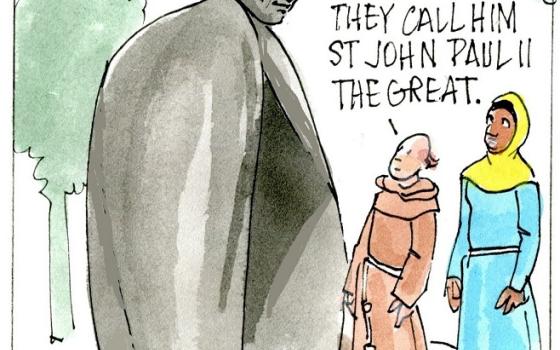 Francis, the comic strip: Brother Leo and Gabby visit the statue of St. John Paul II.