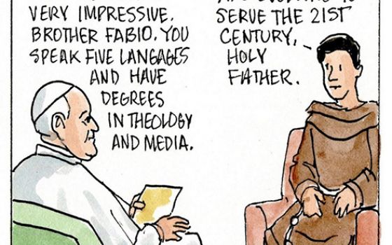 Francis, the comic strip: Francis sits down with Brother Fabio.