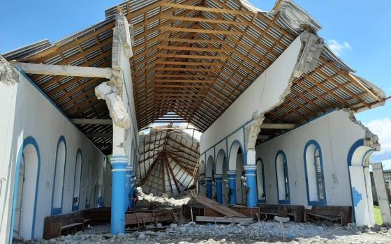 At least 18 people were reported killed in Immaculate Conception Church in Les Anglais, Haiti, when the earthquake struck Aug. 14. The church, pictured here, was destroyed and others in the island nation were destroyed or severely damaged. (CNS photo/cour