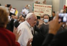 Pope Francis arrives to lead a meeting with priests, religious, deacons, catechists and members of church groups and movements at the Maronite Cathedral of Our Lady of Grace Dec. 2 in Nicosia, Cyprus. (CNS/Paul Haring)