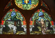 A stained glass image of Jesus the Good Shepherd is pictured at Jesus the Divine Word Church May 6, 2021, in Huntingtown, Maryland. (CNS/Bob Roller)