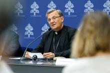 Cardinal Mario Grech, secretary-general of the synod, speaks during a news conference at the Vatican July 9, 2024, to present the working document for the second assembly of ongoing the Synod of Bishops. (CNS/Lola Gomez)