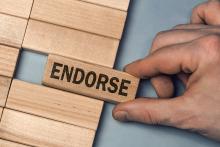 A hand pulls out a wooden block with the word ENDORSE on it (Dreamstime/Astiphoto13)