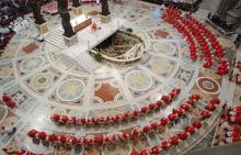 Cardinals attend a final Mass before the start of the conclave on April 18, 2005, in Vatican City. On  April 19, 2005, Cardinal Joseph Ratzinger was elected the 265th Pontiff of the Roman Catholic Church, selecting the name Benedict XVI. (The Conversation/Getty Images/Mimmo Chianura, pool) 