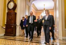 From left: Sen. Amy Klobuchar, D-Minn., Sen. Elizabeth Warren, D-Mass., Chuck Schumer D-N.Y., Sen. Dick Durbin, D-Ill., and Sen. Tammy Baldwin, D-Wis., gather on Capitol Hill Dec. 3, 2024, in Washington, after Senate Democratic leadership elections for the next session of Congress. (AP/Mark Schiefelbein)