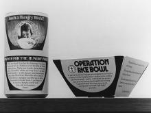 With the 7.2 million supply of cardboard rice bowls depleted, Catholic Relief Services rushed production of 500,000 can wrappers (left) to supplement collections for the Operation Rice Bowl campaign of Lent 1977. (CNS)