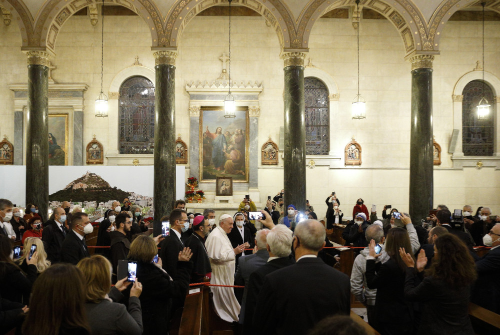 Pope Francis arrives to lead a meeting with bishops, priests, religious, seminarians and catechists at the Cathedral of St. Dionysius Dec. 4 in Athens, Greece. (CNS/Paul Haring)